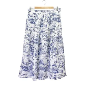 Joie 100% Linen Blue White Tropical Toile Midi Skirt Elastic Waist Size Large thumbnail 2