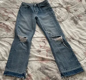 Topshop Moto Distressed Ripped Raw Hem Light Blue Y2K Jeans, size 26x30” thumbnail 10