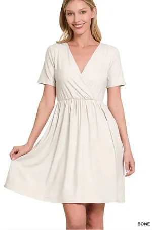 zenana faux wrap dress sand cream fit &‎ flare pockets casual surplice small thumbnail 1