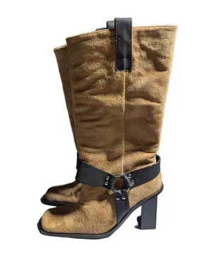 Vtg Y2K Newport News Tan Suede Knee High Square Toe Block Heel Harness Boots 7 thumbnail 6
