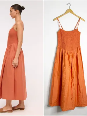 Abercrombie & Fitch Sydney Smocked Midi Dress Medium Orange Pockets thumbnail 2