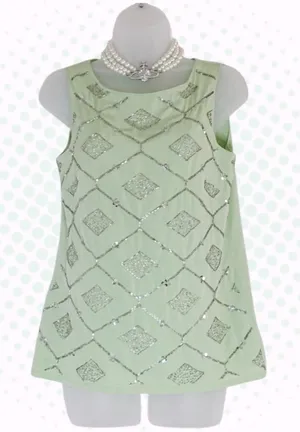 Banana Republic Mint Green Beaded Diamond Print Sleeveless Blouse Size 6 thumbnail 1