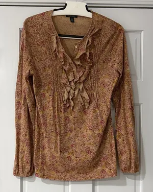 Ralph Lauren BROWN RED FLORAL RUFFLE L BUTTON UP BLOUSE BEIGE 100% COTTON thumbnail 1