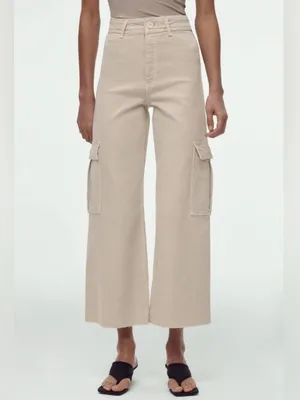 ZARA High Waisted Marine Cargo Jeans Raw Hem Khaki Beige Wide Leg Retro‎ Size 14 thumbnail 2