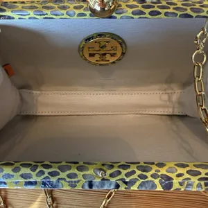 Tory Burch Handbag RARE Clutch Yellow Hard-side Leather Animal Print Chain Strap thumbnail 6