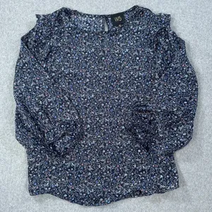 W5 Blue Floral Ruffle Shoulder Sheer Blouse Women's Medium 3/4 Sleeve Silver thumbnail 1