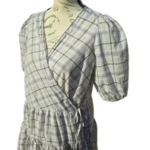 J.‎ Crew Cotton Voile Wrap Mini Dress Puff Sleeves In Oyster White Plaid Small thumbnail 5
