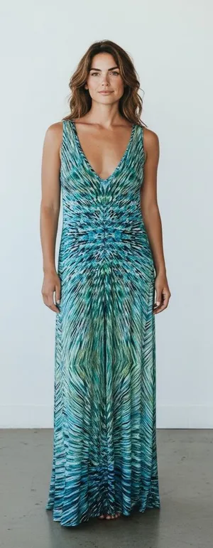 Cato Teal & Green Patterned V-Neck Maxi Dress thumbnail 1
