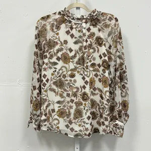 Loft Women's Paisley Floral Ruffle Neck Keyhole Blouse‎ Cream Brown Size M thumbnail 2