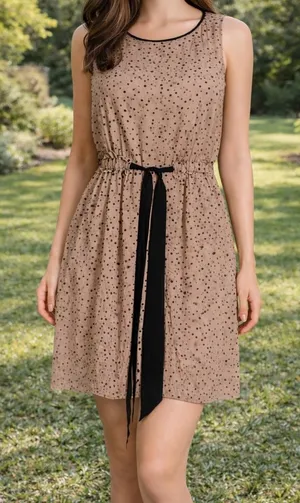 LOFT Petite XS Neutral Polka Dot Dress Tan Black Elastic Waist Lined Summer Mini thumbnail 1