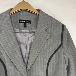 Jessica McClintock 8 Pinstripe Grey Blazer Black Trim Tailored Office Career Y2K thumbnail 3
