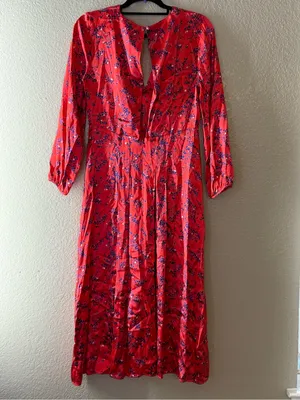 Topshop Red Floral Satin Midi Dress Open Back Long Sleeve V Neck Size 6 thumbnail 9