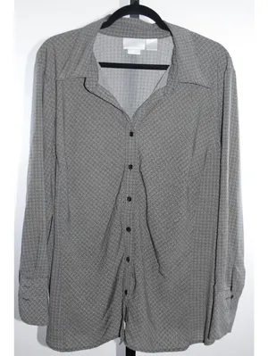 Worthington Stretch Herringbone Chevron Button Up Shirt Gray Black Plus Size 3X thumbnail 1
