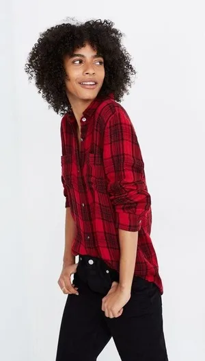 Madewell Women's Classic Ex-Boyfriend Shirt Red & Black Plaid Size M thumbnail 1