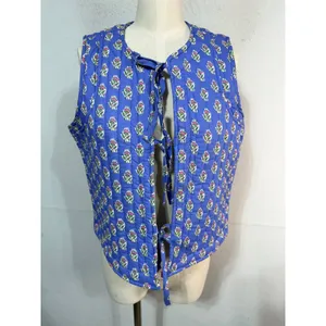 Japna Vest Quilted Floral Tie Front 100% Cotton Women's M Blue Cottagecore Boho thumbnail 4