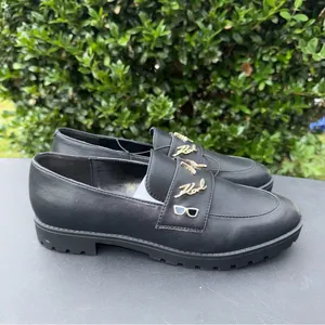 Karl Lagerfeld Black Leather Loafers with Gold Accents Women’s Size 8 NWT thumbnail 2