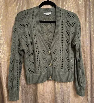 American Eagle Olive Green Pointelle Open Knit Cropped Cardigan XS thumbnail 1