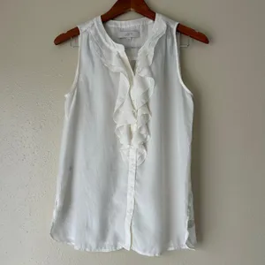 Ann Taylor Loft White Ruffle Button Down Tank Top Size Small thumbnail 7