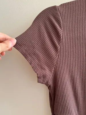 Garage Ribbed Cropped Tie Front Top, Casual Going Out Top, Brown, Size Medium thumbnail 5