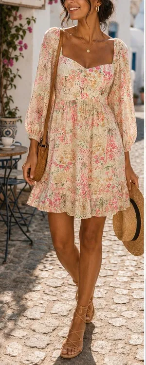 Meet Me In Santorini Floral Puff Sleeve Babydoll Cottagecore Mini Dress - XS 💚🎀 thumbnail 1