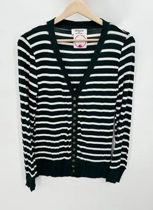 Zenana Green White‎ Striped Button Down V Neck Cardigan Top Womens Small NWT thumbnail 1