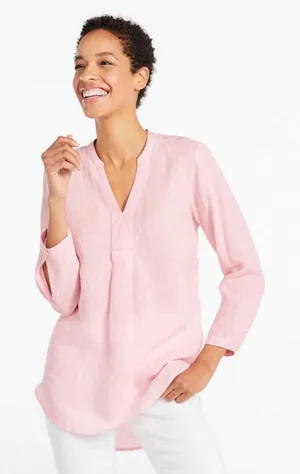 LL Bean Light Pink Premium Flax Linen Split Neck Tunic Top Shirt Blouse womens M thumbnail 1