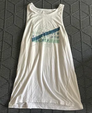 Orangetheory White Tank Top with Blue and Green Text that say, “RUN, REP, ROW” graphic, size S thumbnail 1