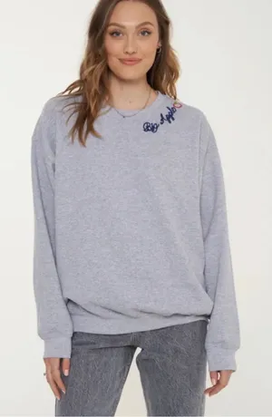 PROJECT SOCIAL T Big Apple Embroidered Crewneck Sweatshirt Gray L/XL thumbnail 1