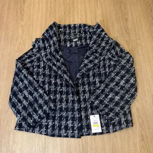 DKNY Art Basel Navy White Plaid Tweed Funnel Neck Jacket womens M thumbnail 6