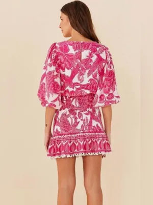 Farm Rio Tropical Woodcut Dress Pink Floral Appliqué Lace Resort Wear Smocked L thumbnail 2