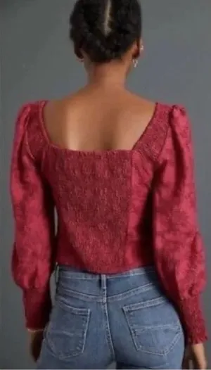 Anthropologie Pink Floral Ruffle Blouse Smocked Puff Sleeve Sz XS Cottagecore thumbnail 1