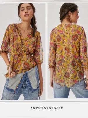 Anthropologie Gretchen Romantic Floral Smocked Blouse sz M thumbnail 6