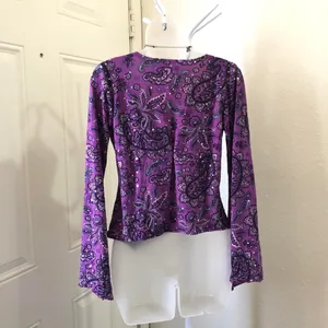 Y2K Vintage Purple paisley top shirt blouse long flare sleeves w/slit beaded rhinestone embroidery #whimsygoth #fairy #grunge thumbnail 3