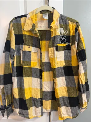 Disney Parks Yellow Black & Gray Plaid Pluto Flannel Shirt medium EUC holiday thumbnail 1