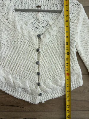 Free People Off White Cable Knit Gingham Button Down Cropped Boho Cardigan S thumbnail 7