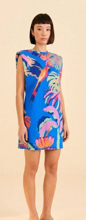 Farm Rio Made of Brasil Orange Parrot Graphic Padded Shoulder T-Shirt Dress XS thumbnail 1