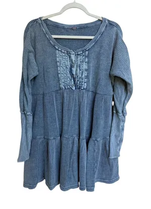 Free People FP One Dress Jolene Thermal Mini Dress Waffle Blue Size ‎ XS thumbnail 1