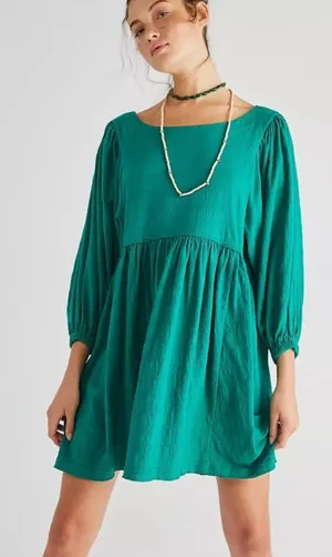 Free People Get Obsessed Babydoll Dress Puff Sleeve Emerald Green Boho Casual thumbnail 1