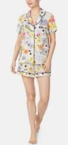 Betsey Johnson Pajama Set Small Floral Star Heart Print Rayon‎ 2pc PJ Size S thumbnail 1