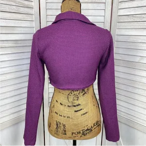 Zara Houndstooth Cropped Polo Top Purple Black‎ Small Long Sleeve Deep V-neck thumbnail 6
