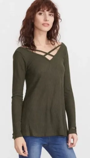 Army Green Crisscross Double V Neck Ribbed T-shirt thumbnail 1
