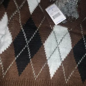 Just Polly Fringe Brown Argyle Plaid Cropped Sweater thumbnail 3