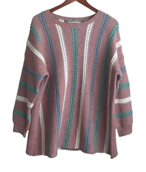 Davi & Dani Women Cozy Tunic Sweater Large Rose Striped Chunky Knit Boutique‎ thumbnail 1