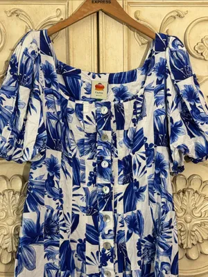 Farm Rio Garden Tiles Linen Puff Sleeves Mini Dress Size Large thumbnail 5