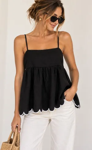 Things Between Black Scallop Hem Camisole Top Size M Linen Blend Babydoll Tank thumbnail 1
