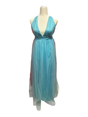 Long Tulle Evening Aqua V-Neck Halter Dress with Slit Bridesmaid Wedding thumbnail 2