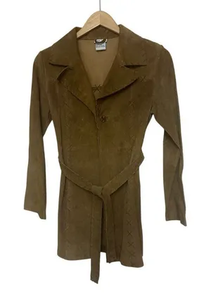 Vintage Y2K Wet Seal Leather Trench Coat Women’ Brown Suede Fringe Boho Western thumbnail 1