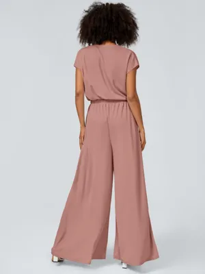 NWOT Halara Light Pink V Neck Short Sleeve Wide Leg Flowy Waffle Casual Jumpsuit thumbnail 2