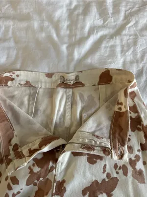 Cream & Brown Cowprint Fringe Flare Jeans Medium 28 in western boho festival thumbnail 8