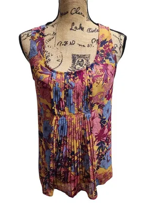 LOFT Vibrant Floral Pleated Tank‎ Top Sleeveless Blouse Summer Boho Chic thumbnail 1